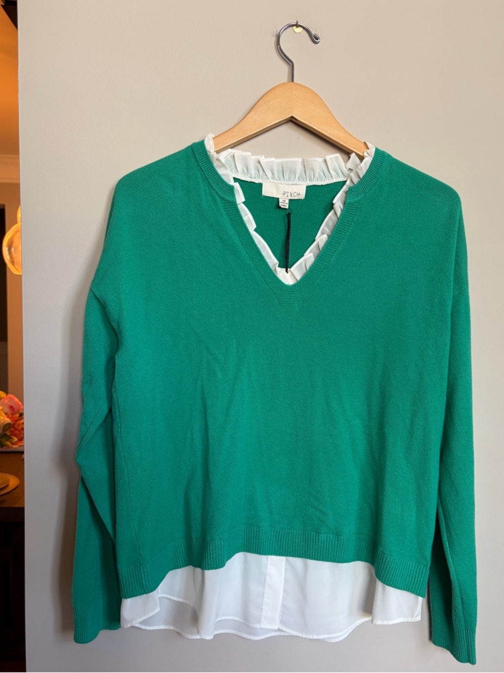 Pinch V-Neck Sweater‎ with White Ruffle Trim Kelly Green